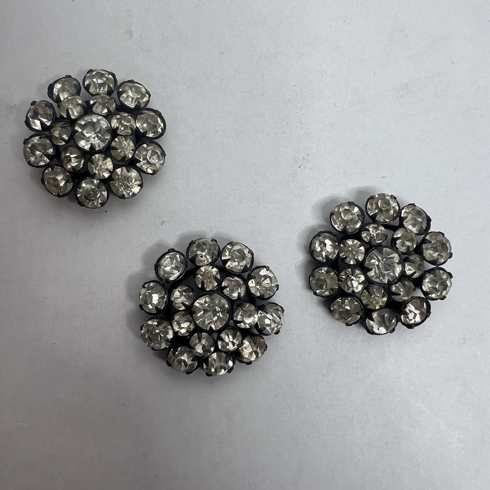 Antique 3 Vtg Rhinestone Round Buttons 1" One Inch Costuming Costume Replacement
